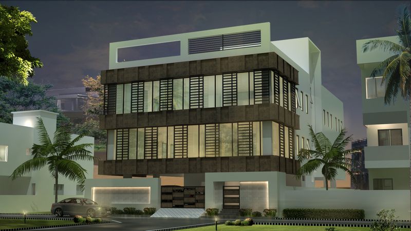 Photorealistic 3D exterior render of a modern three-storey villa at dusk, created by 3D Render Shop